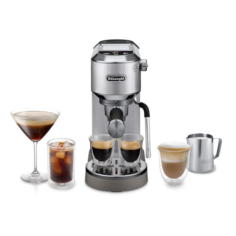 De'Longhi Dedica Duo EC890 Metal espresso machine with glasses of coffee drinks and pitcher on whit…