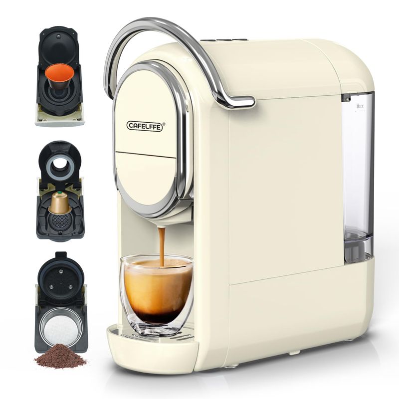 CAFELFFE 3-in-1 Capsule Machine, beige coffee maker with chrome accents, dispensing coffee into a g…