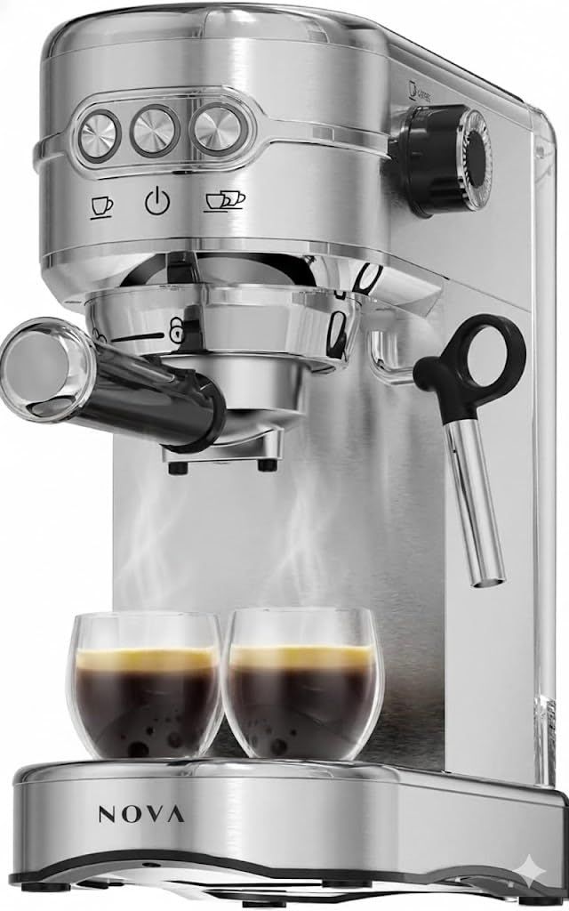 NOVA 20-Bar Espresso Machine, stainless steel, with two cups of espresso, featuring a built-in stea…