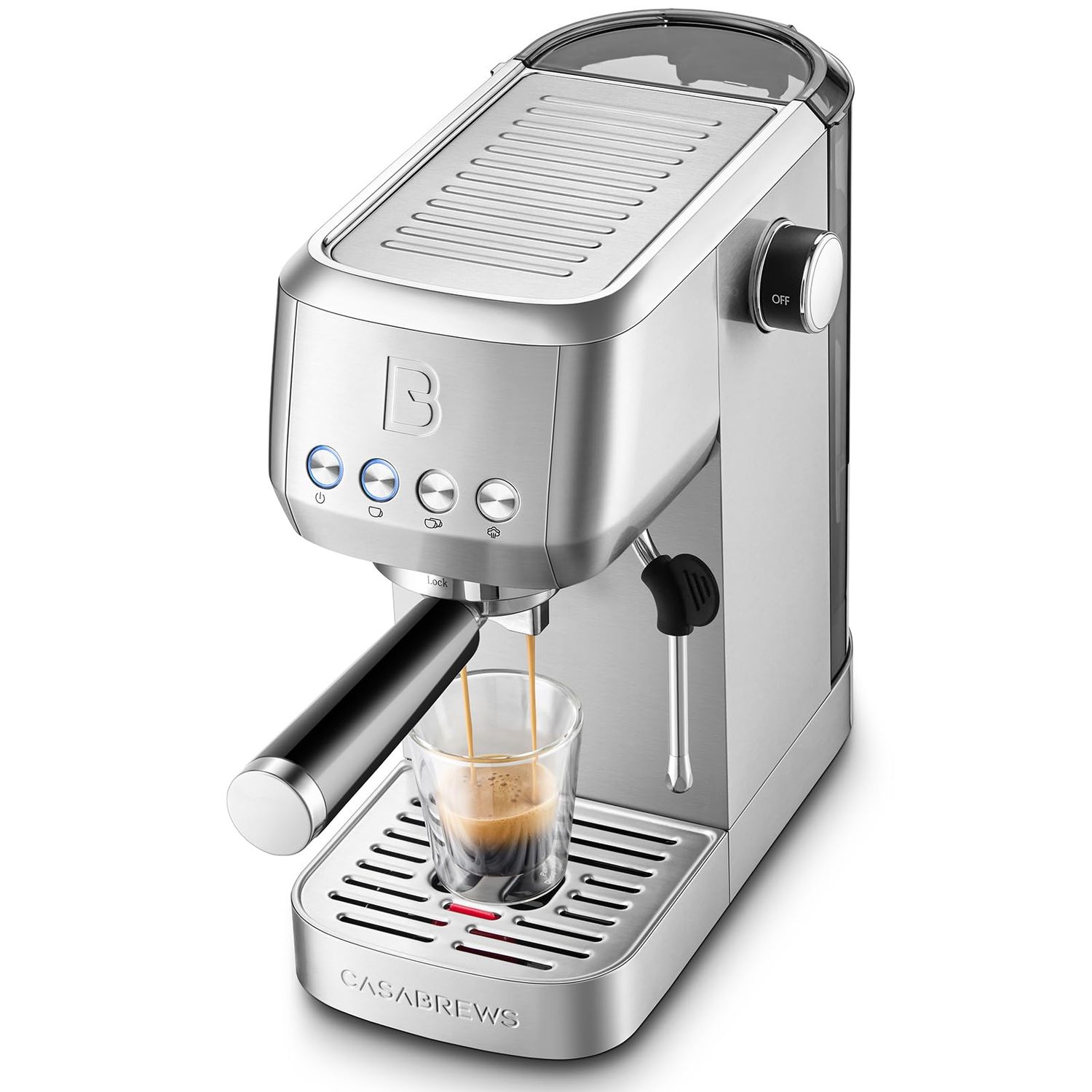 CASABREWS 20 Bar Espresso machine in stainless steel, dispensing espresso into a glass cup with but…