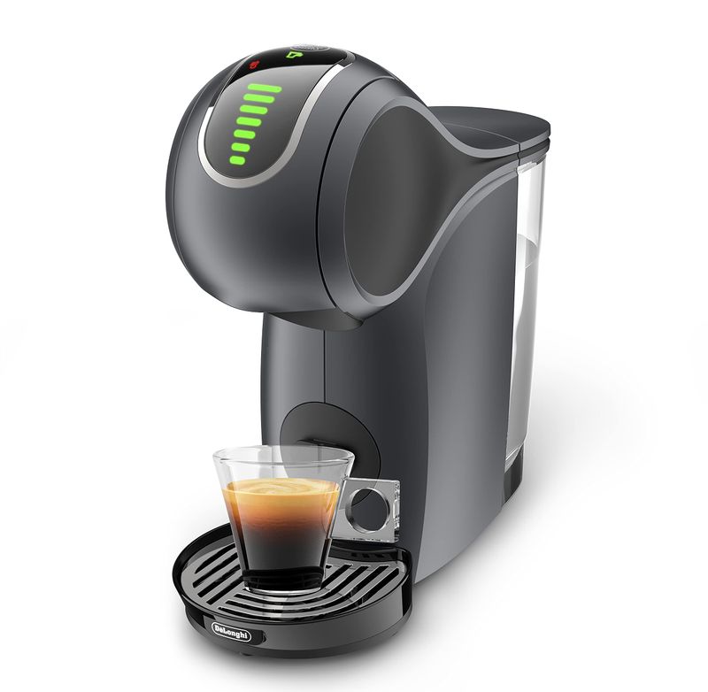 De'Longhi Dolce Gusto Genio S Touch coffee machine, black, with a glass of espresso, featuring gree…