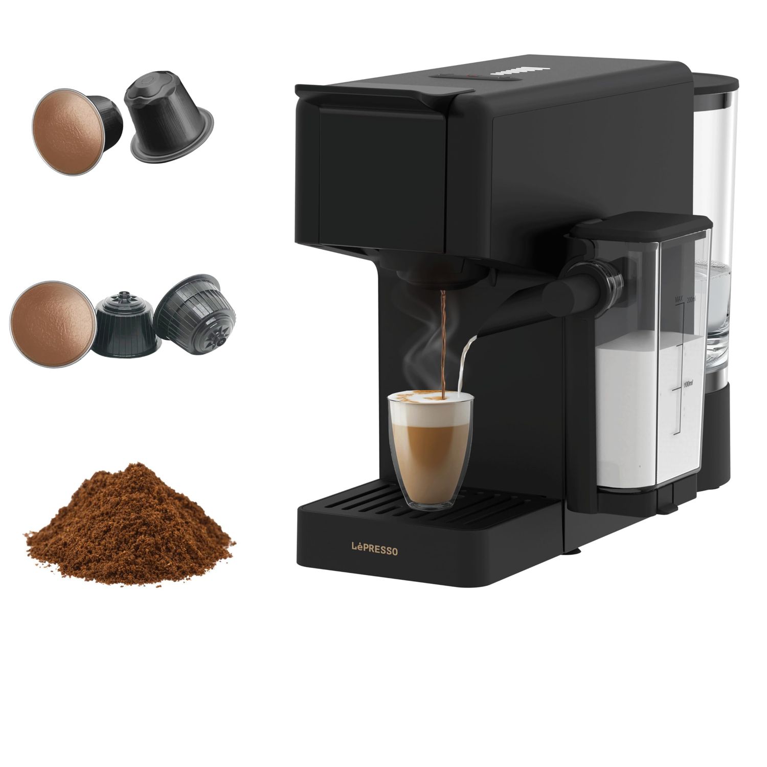 LePresso Crema Pro Black coffee machine with capsules and coffee grounds, featuring Auto Shut-off, …