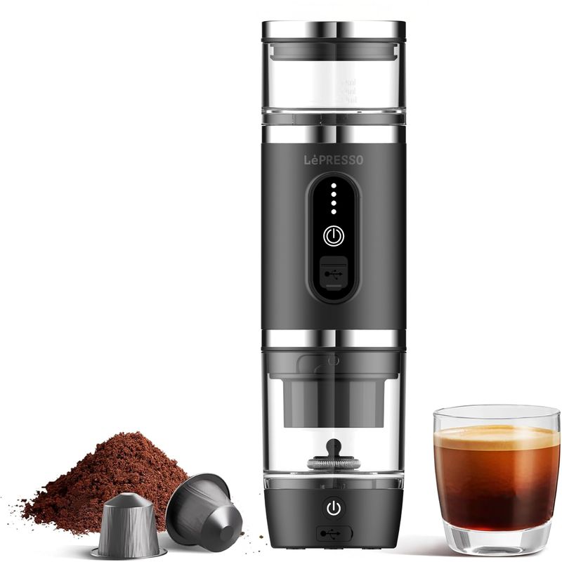 LePresso 4-in-1 portable espresso machine, black, with glass and stainless steel components, coffee…