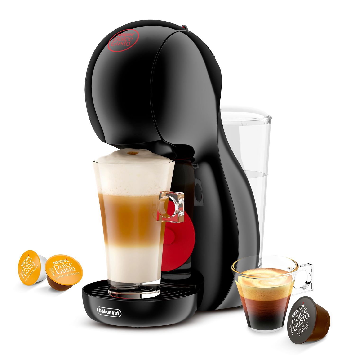 De'Longhi Dolce Gusto Piccolo XS EDG210 coffee machine in black and red, with coffee pods and glass…