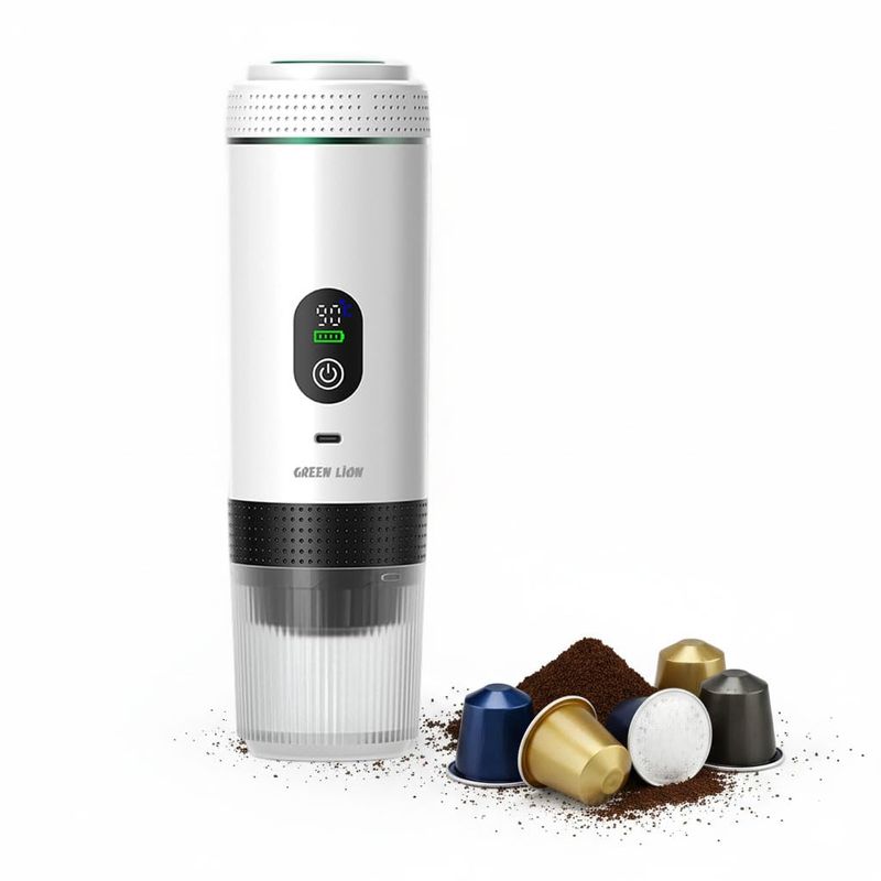 Green Lion Caffex Portable Espresso White machine with digital display and coffee pods and grounds …