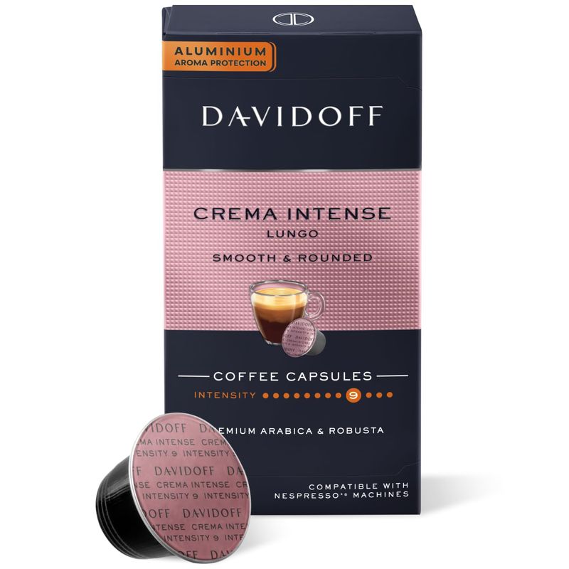 DAVIDOFF Crema Intense Nespresso 10 coffee capsules, black and pink packaging, intensity level 9, c…