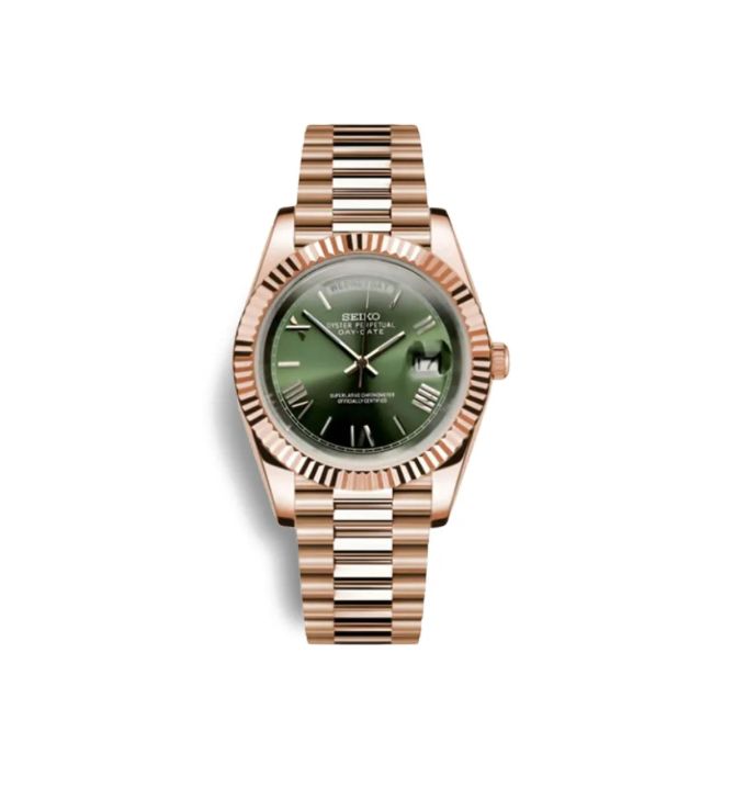 Seiko Day-Date Rose Gold and Olive Green - Seiko Mod