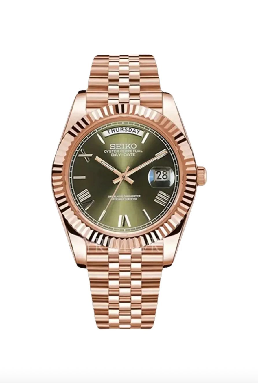 Seiko Day-Date Rose Gold and Olive Green - Seiko Mod