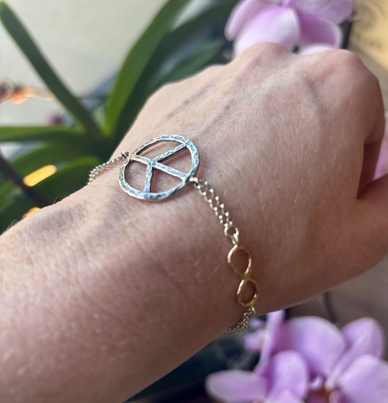 Gai Russo Infinity Bracelet, Sterling Silver Peace Sign and Gold Fill Infinity