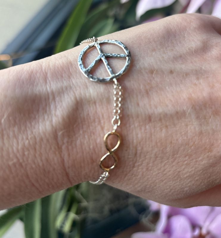 Gai Russo Infinity Bracelet, Sterling Silver Peace Sign and Gold Fill Infinity