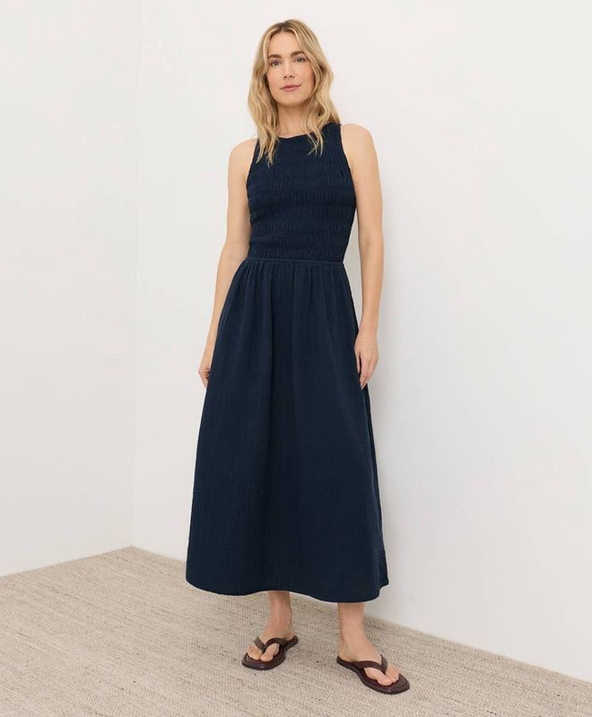 Pact Coastal Smocked Dress Navy Xs