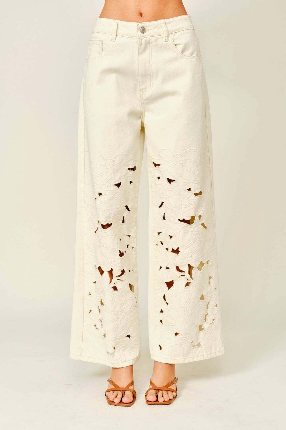 Aaron &amp; Amber Cut Out Embroidered Pants, Color: CREAM, Size: M