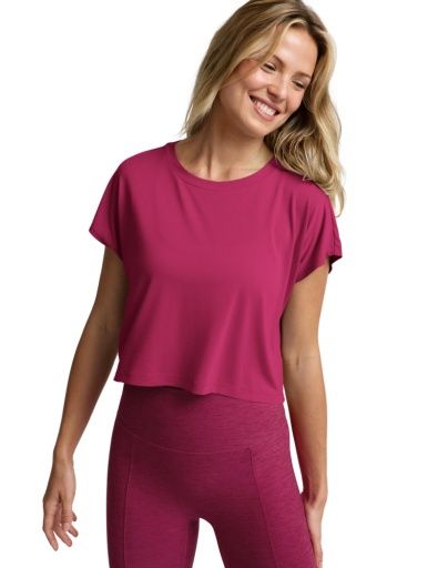 Beyond Yoga Studio Luxe Cropped Tee, Colour: sangria by, Size: XS
