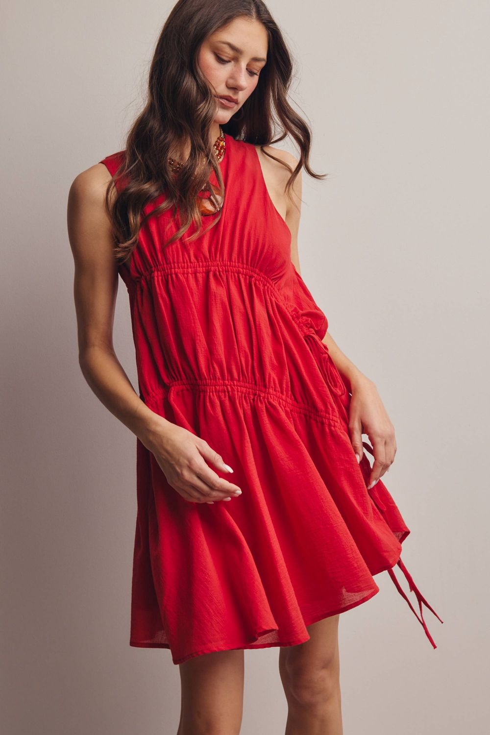 Ruched Tie Detail Lined Mini Dress