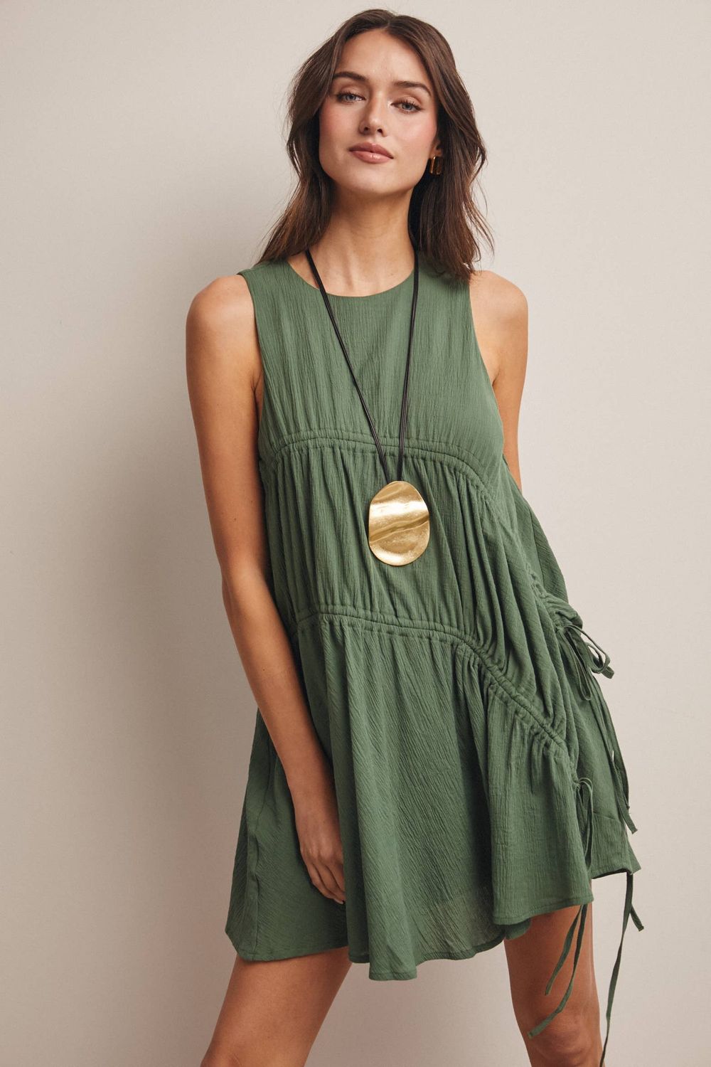 Ruched Tie Detail Lined Mini Dress