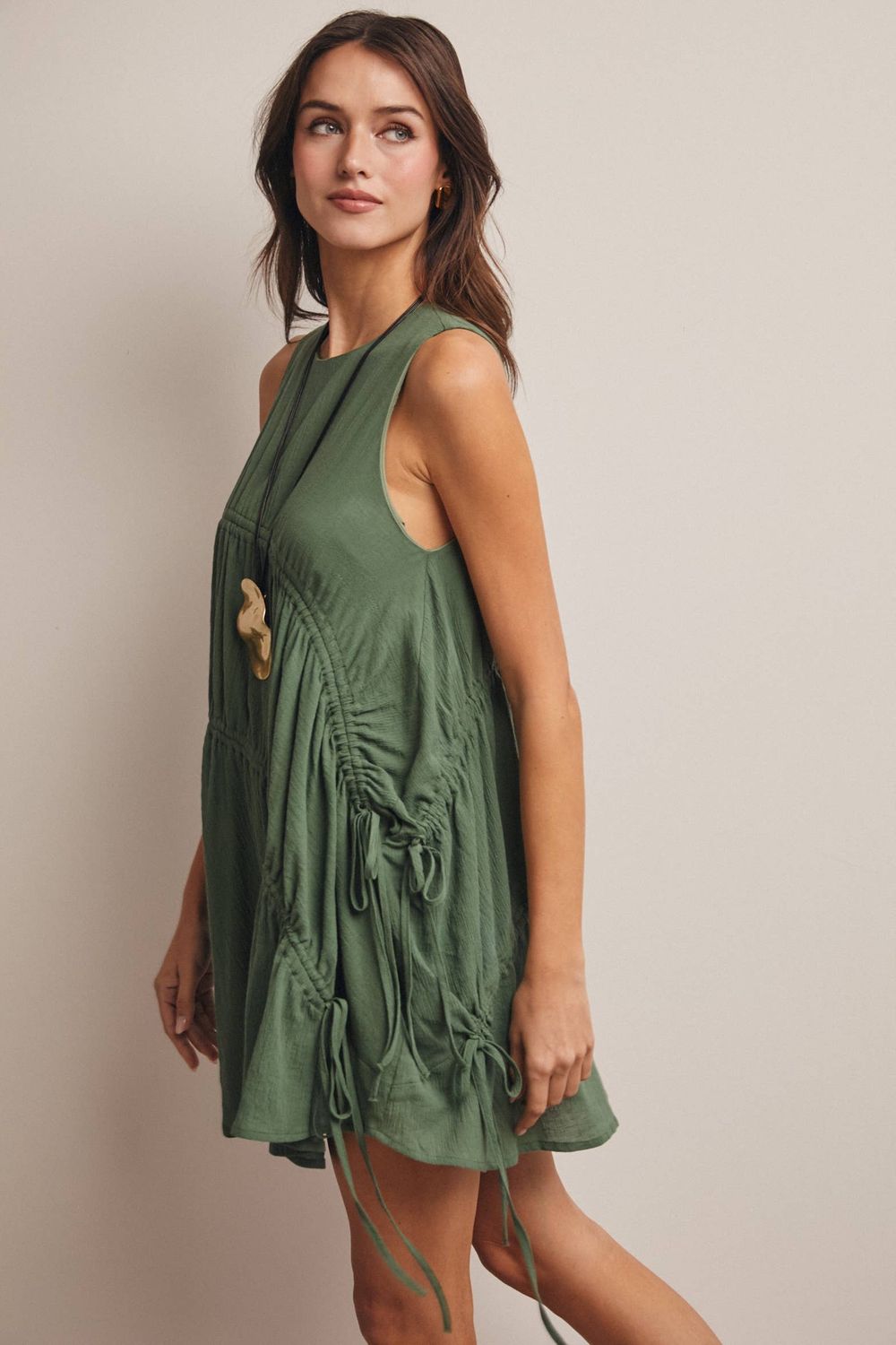 Ruched Tie Detail Lined Mini Dress