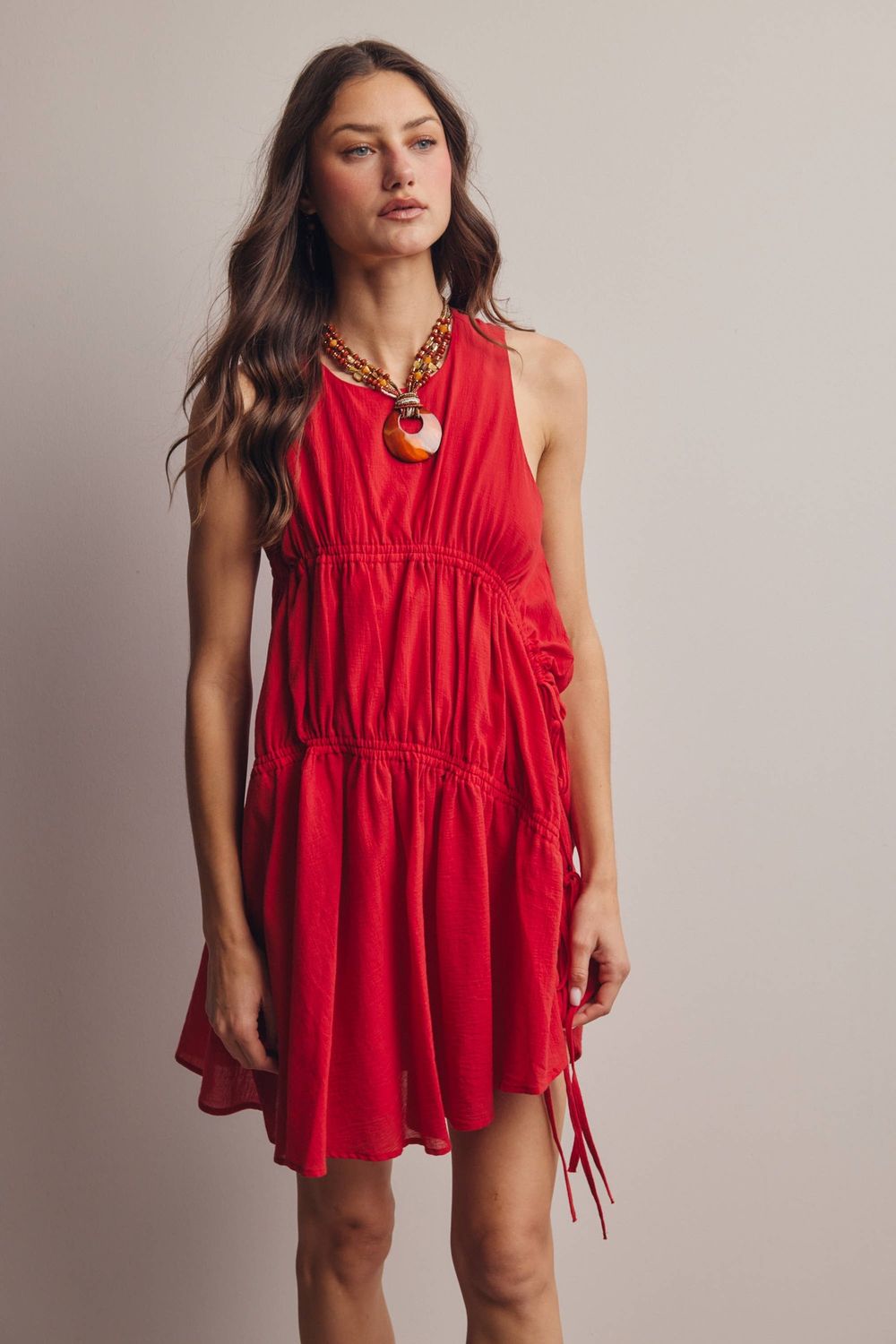 Ruched Tie Detail Lined Mini Dress