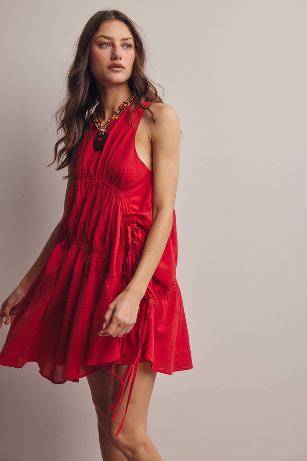 Ruched Tie Detail Lined Mini Dress