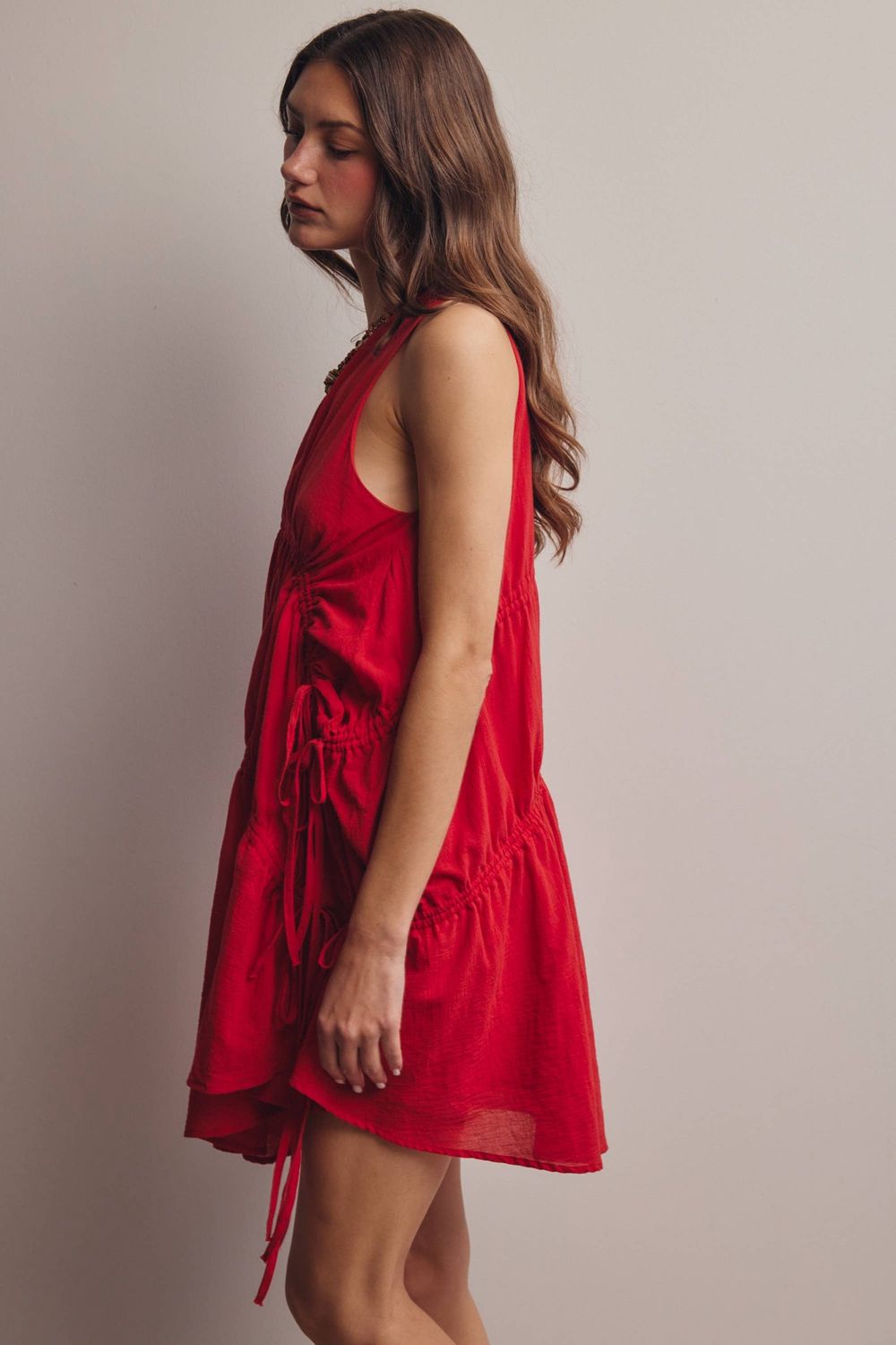 Ruched Tie Detail Lined Mini Dress