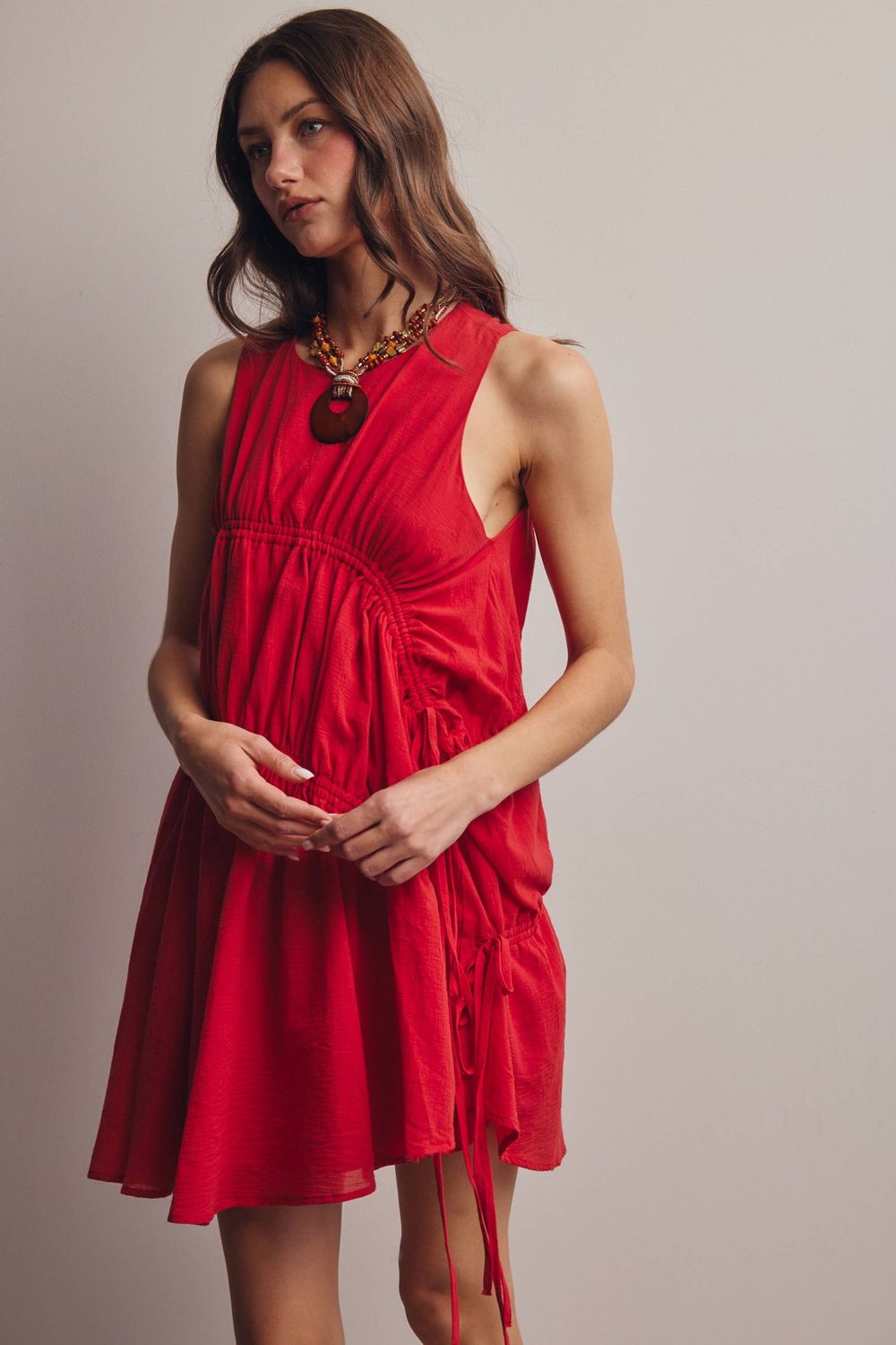 Ruched Tie Detail Lined Mini Dress
