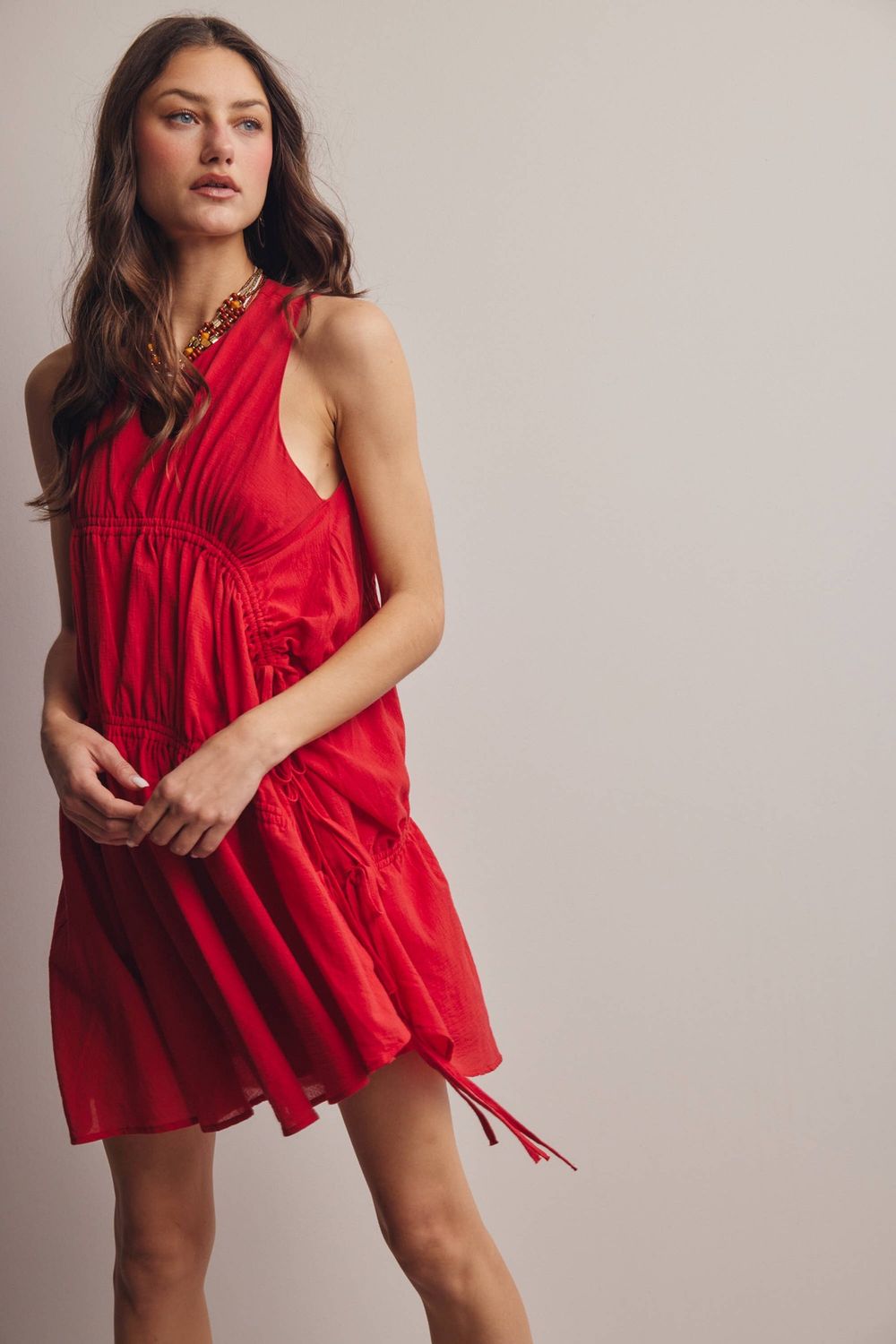 Ruched Tie Detail Lined Mini Dress