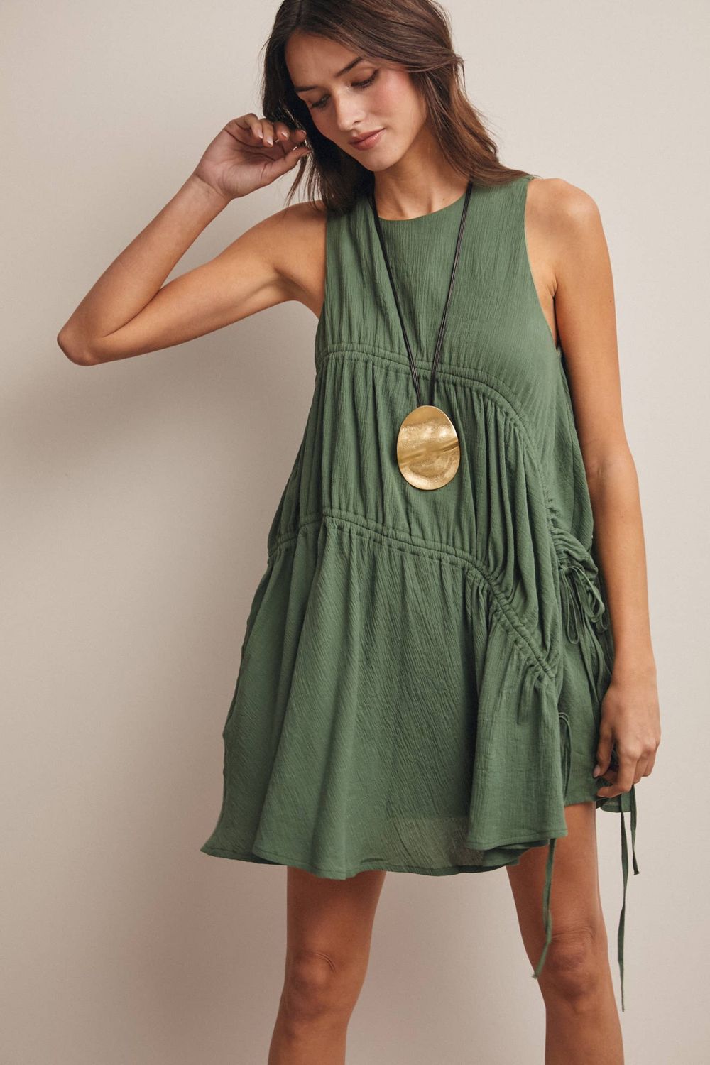 Ruched Tie Detail Lined Mini Dress