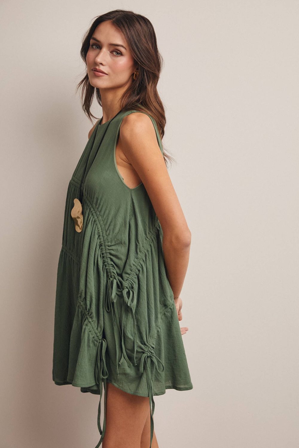 Ruched Tie Detail Lined Mini Dress