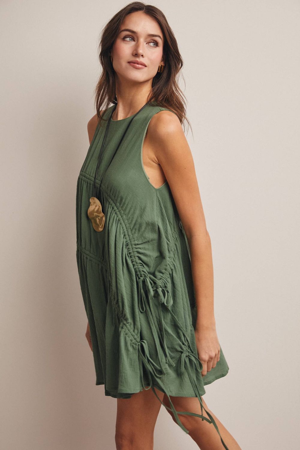 Ruched Tie Detail Lined Mini Dress