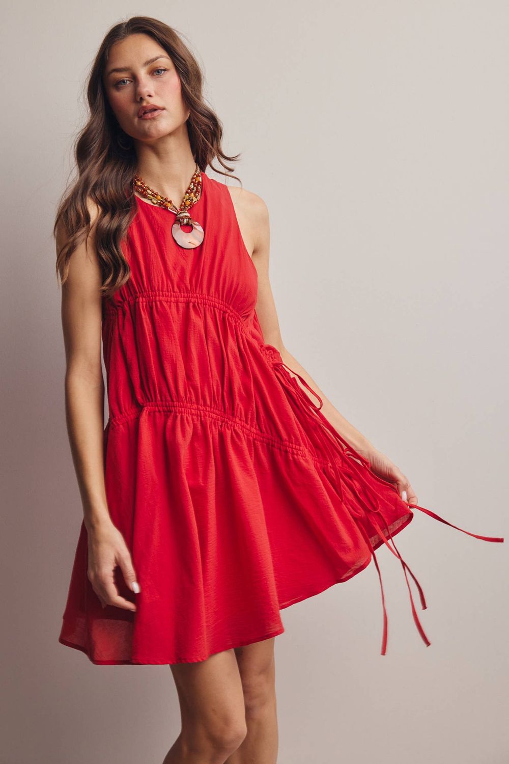 Ruched Tie Detail Lined Mini Dress, Color: Red, Size: M