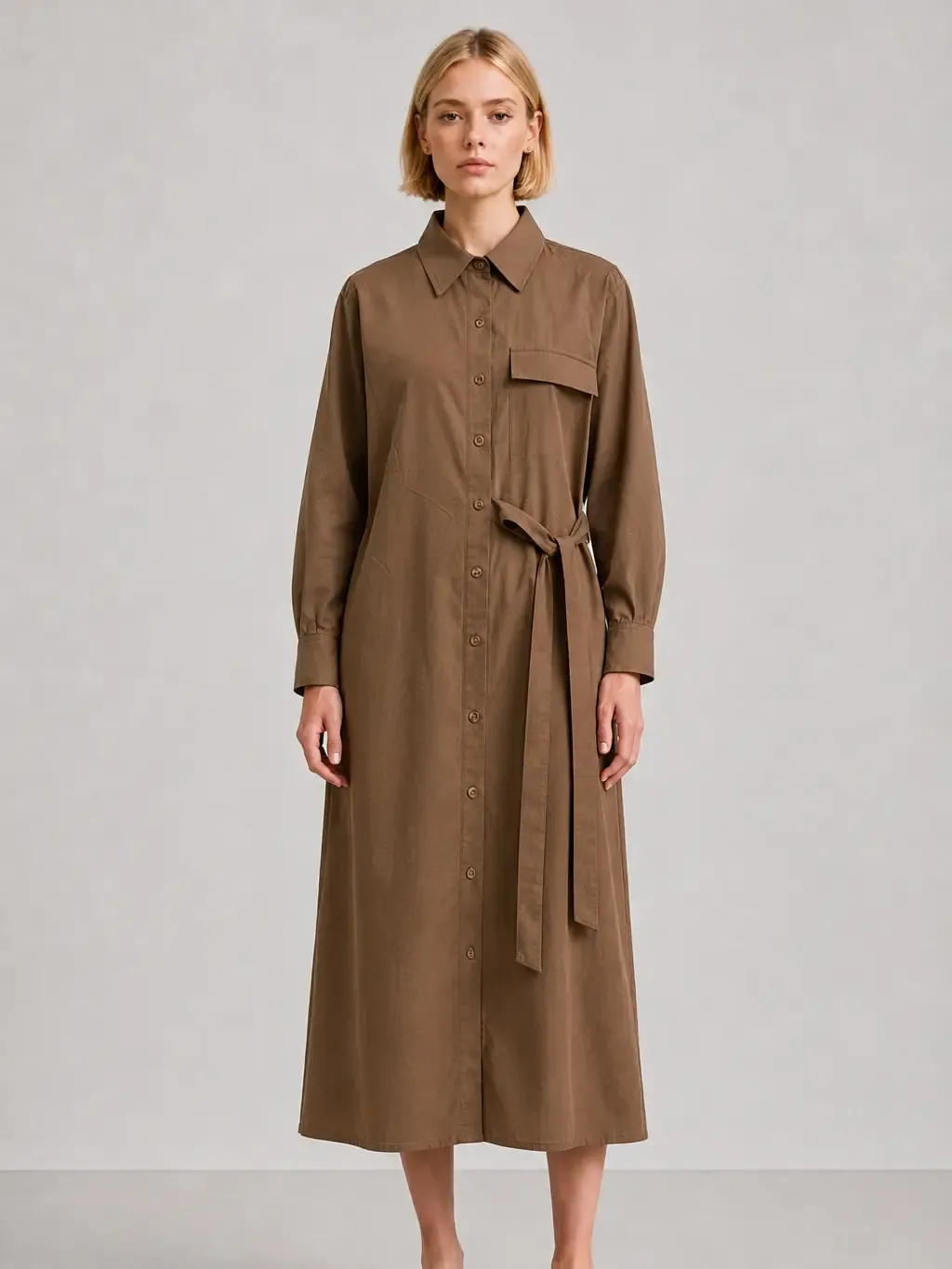 Elle Grey Button-Front Belted Shirt Dress