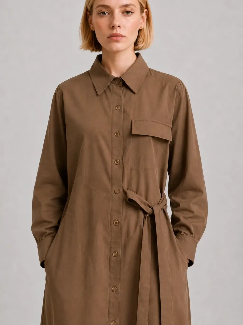 Elle Grey Button-Front Belted Shirt Dress
