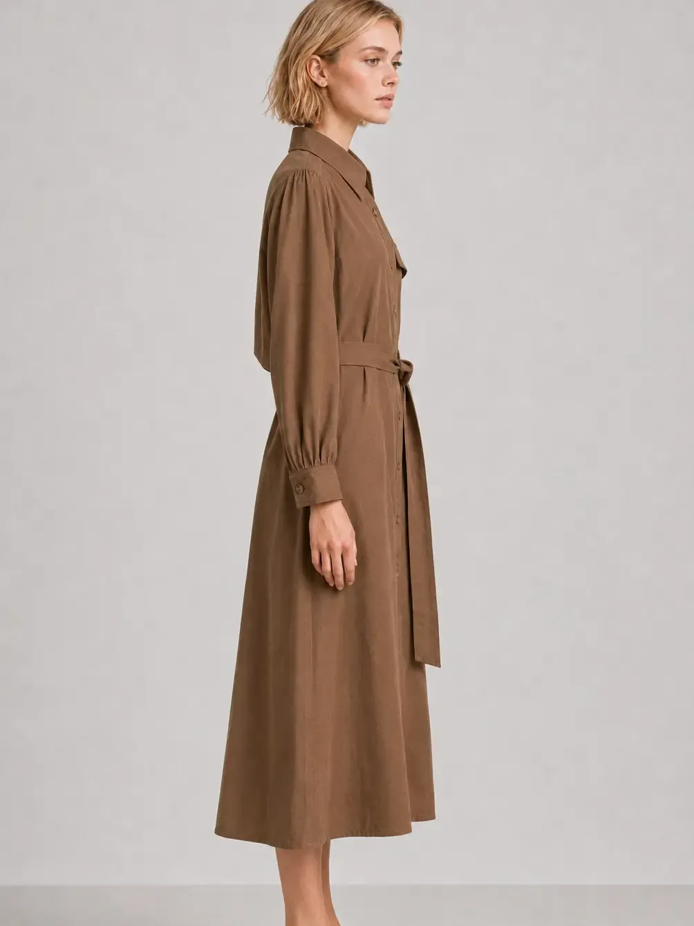 Elle Grey Button-Front Belted Shirt Dress