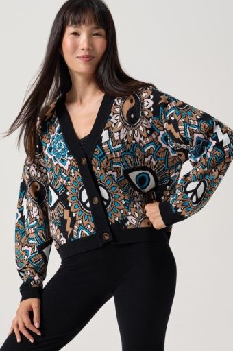 Spiritual Gangster High Vibes Delaney Cardigan, Colour: Black Multi, Size: XS