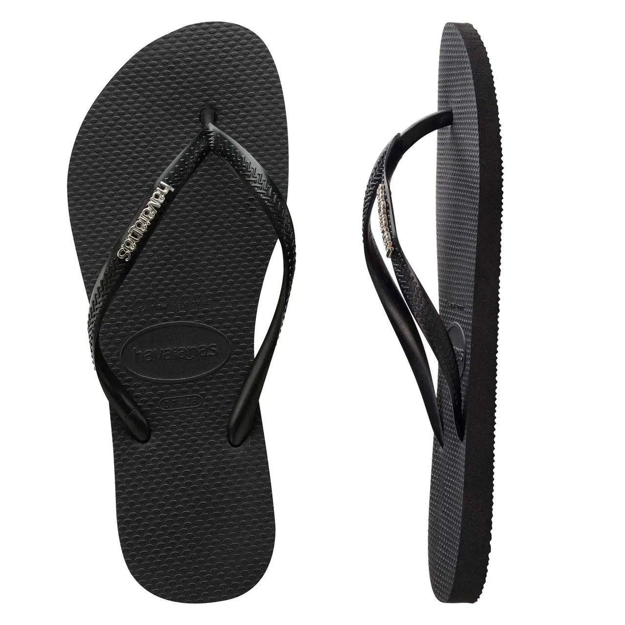 Slim Metal Logo Thongs, Color: Black/Silver, Size: 3536