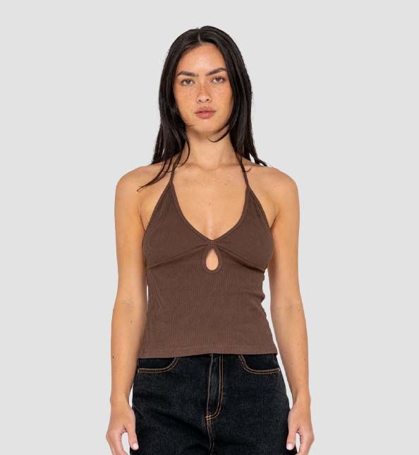 Emma Cut Out Halter Neck Top, Color: Java, Size: 06