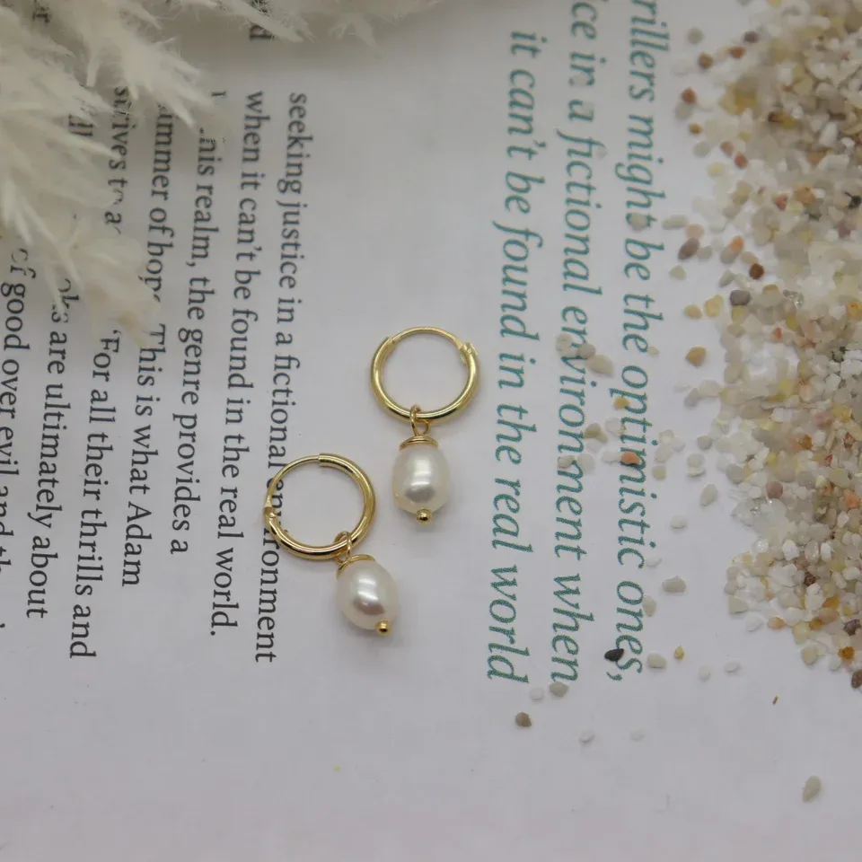 Mini Freshwater Pearl Huggies, Color: Gold