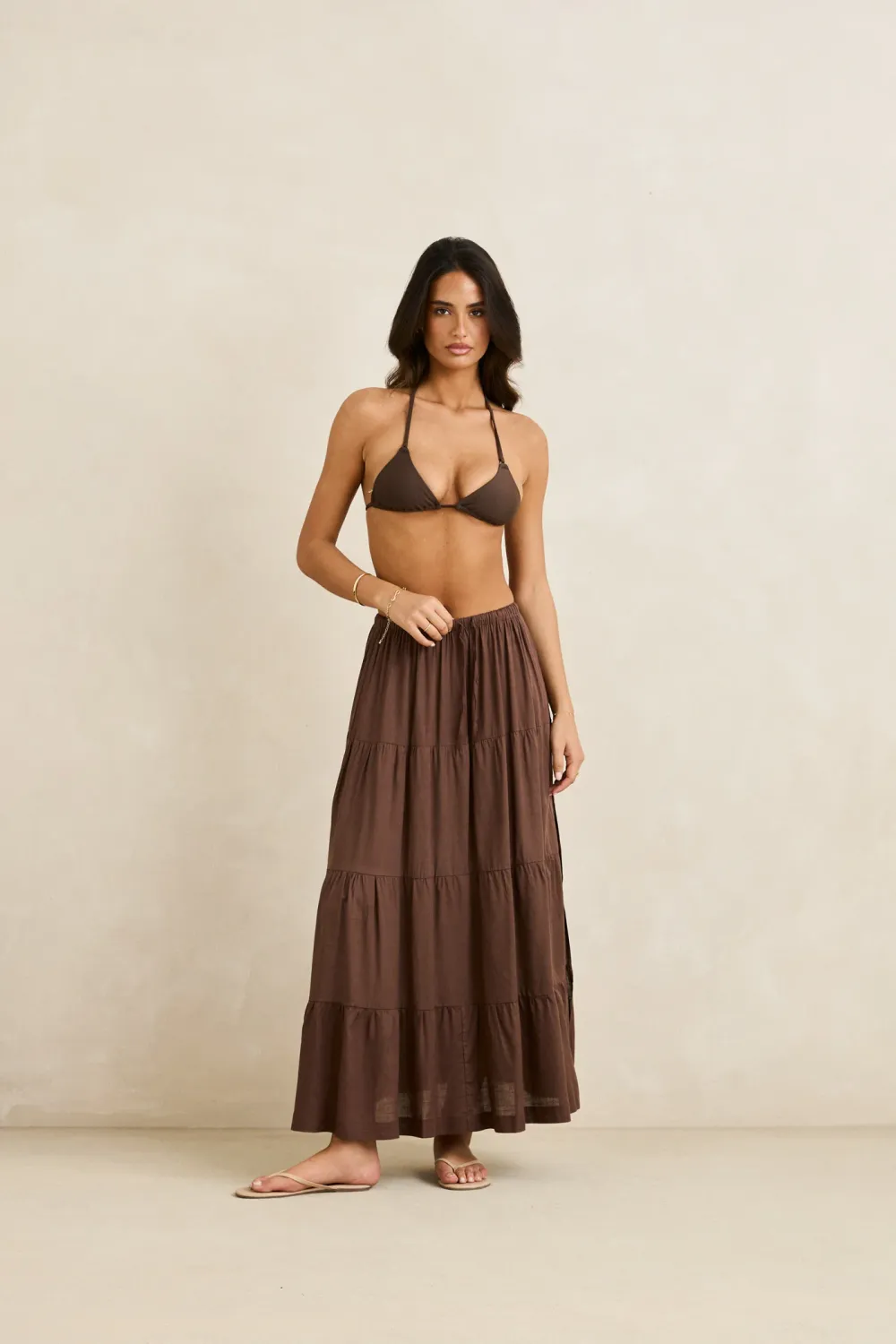 Classic Tiered Maxi Skirt, Color: Chocolate, Size: 06