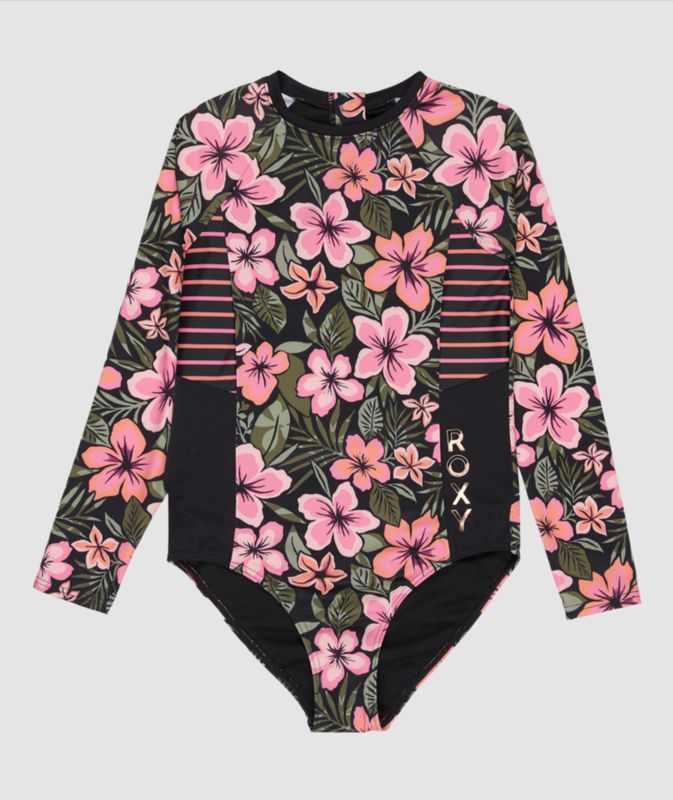 Girls 6-16 Active Floral Long Sleeve Onesie Rash Vest