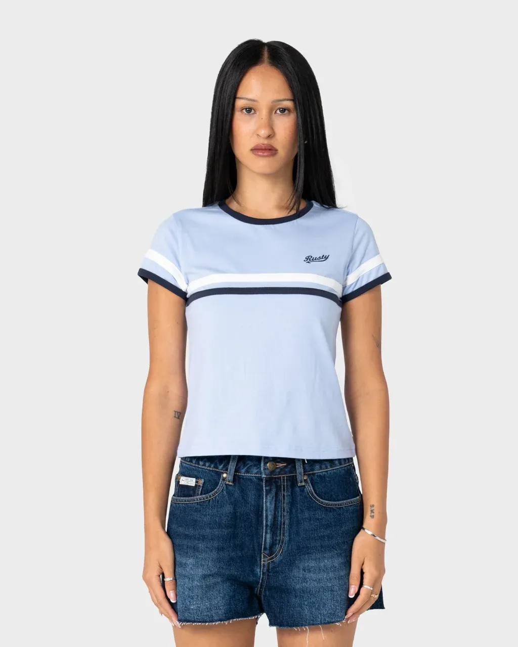 BILLIE STRIPE BABY TEE, Colour: NAVY/BLUE, Size: 06