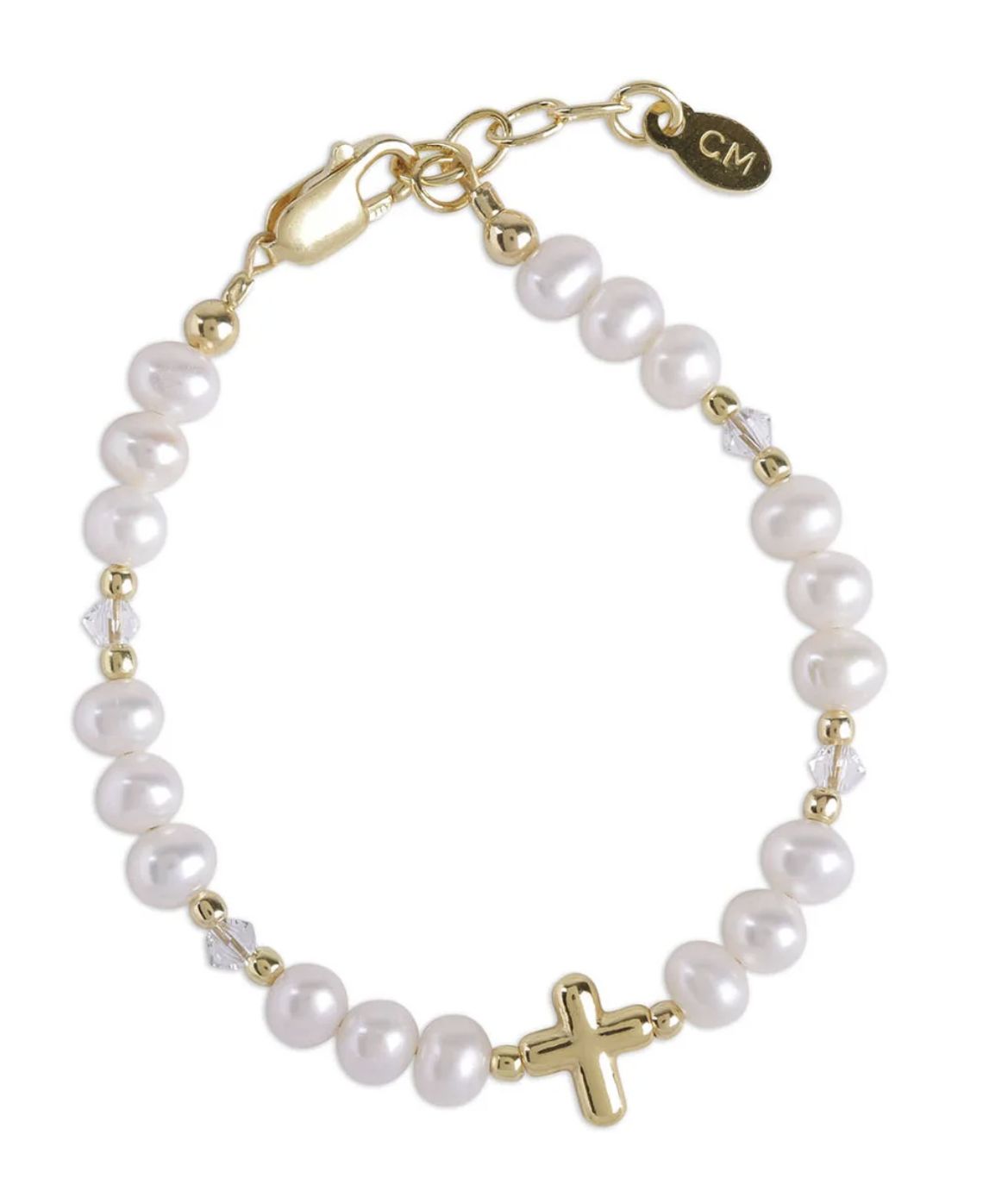 14K Gold Plated Eve Cross Bead/Freshwater Pearl Bracelet
