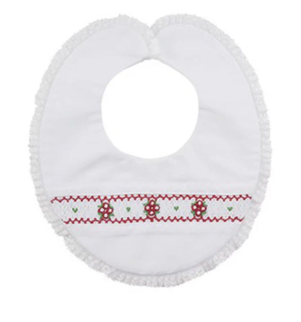Holiday Bib w/Smocking &amp; Lace Trim