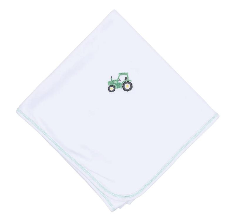 Lil' Green Tractor Embroidered Receiving Blanket