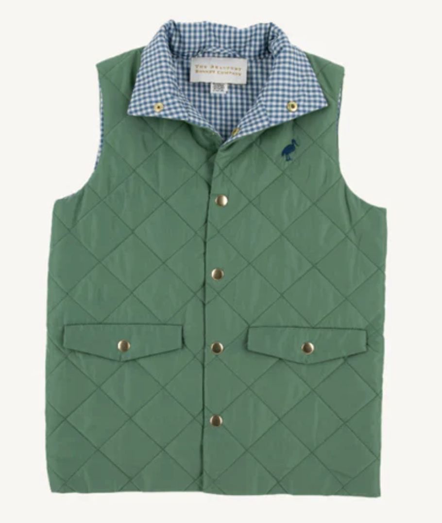 Vaughn Vest Gallatin Green with Barnsley Blue Mini Gingham &amp; Barnsley Blue Stork