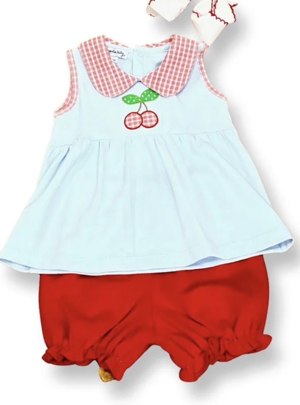 Sweet Cherry Applique Collared Short Set