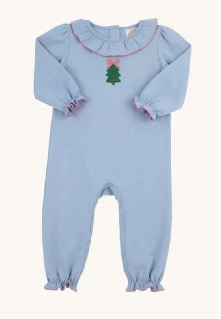 Ruffle Romper/Barrington Blue with Christmas Tree Embroidery