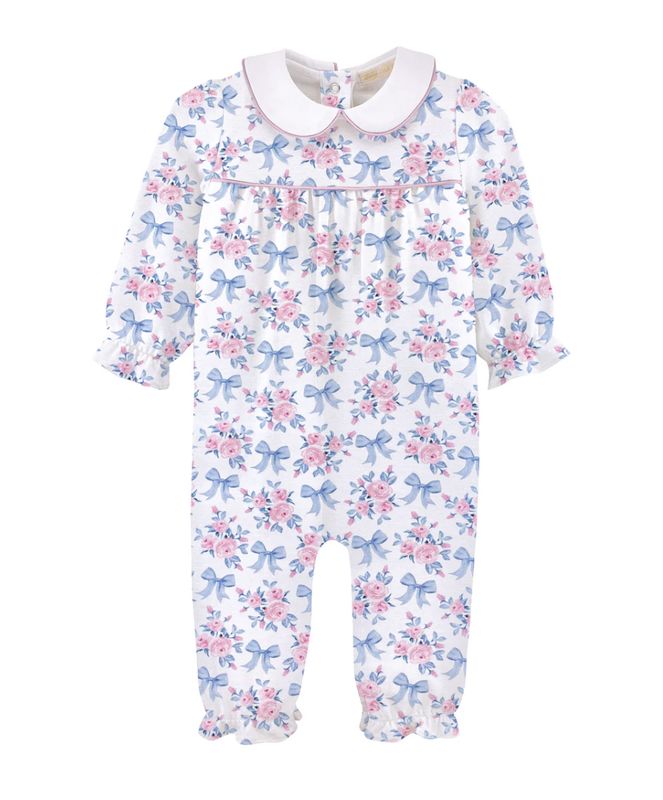 Blue Floral Bows Printed Playsuit w/Bib Collar