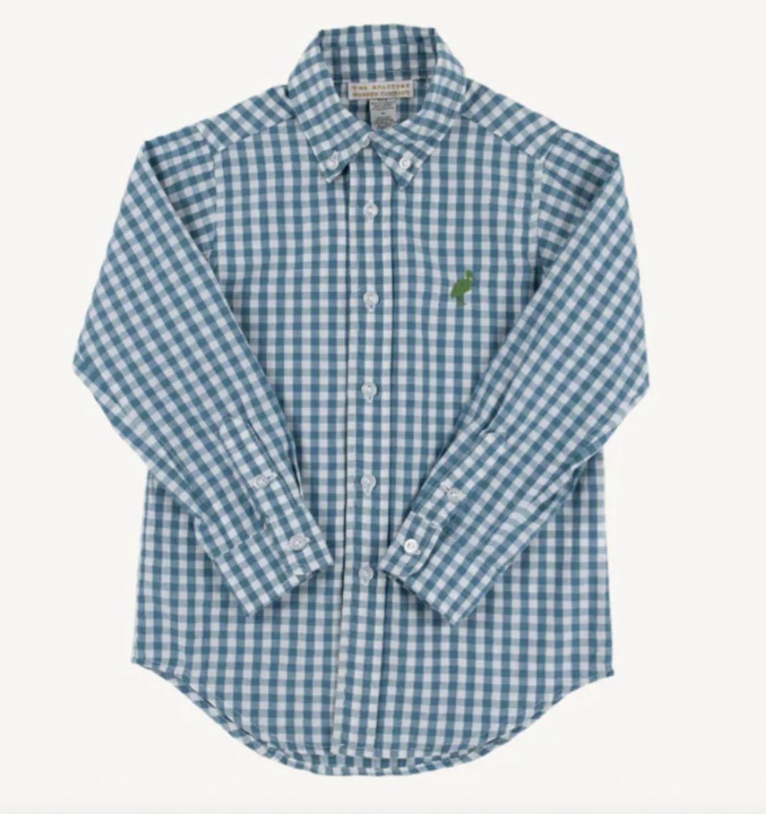 Dean's List Dress Shirt Barnsley Blue Gingham with Gallatin Green Stork