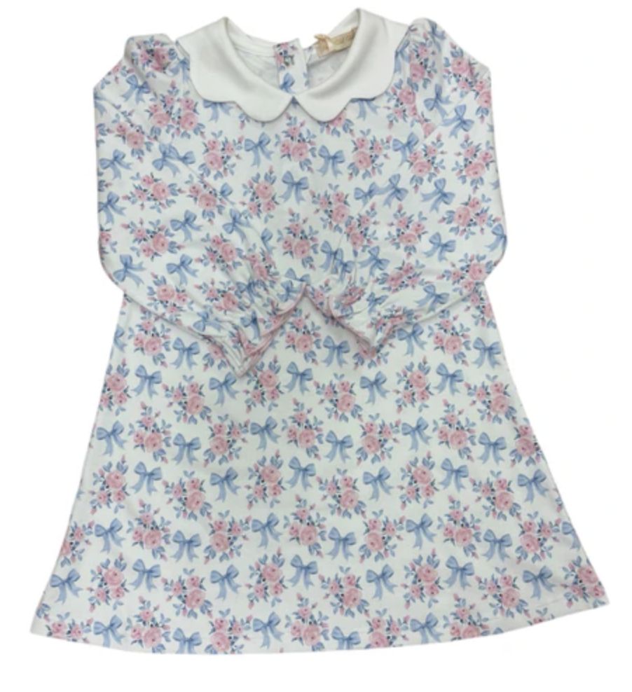 Blue Floral Bows Printed Scalloped Collar Dress