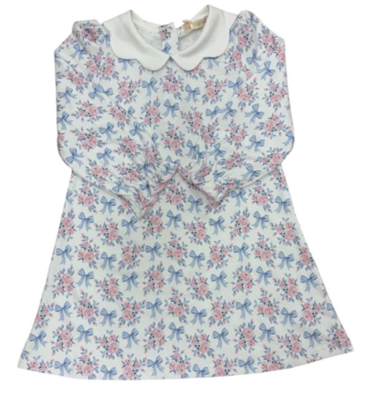 Blue Floral Bows Printed Scalloped Collar Dress