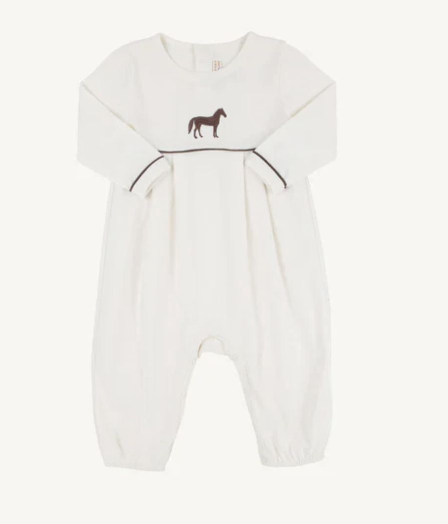 Palmetto Pearl with Gray Bay Brown &amp; Horse Embroidery LS Romper